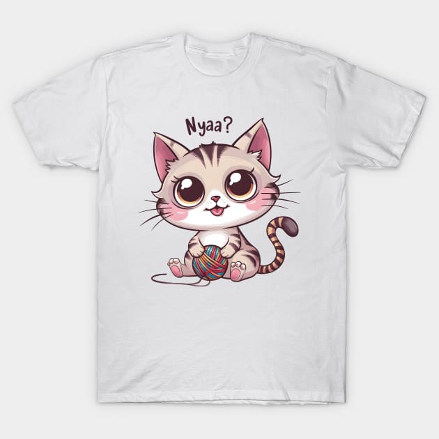 Nyaa? Kawaii Cat with a Ball of Yarn T-Shirt by DelusionTees